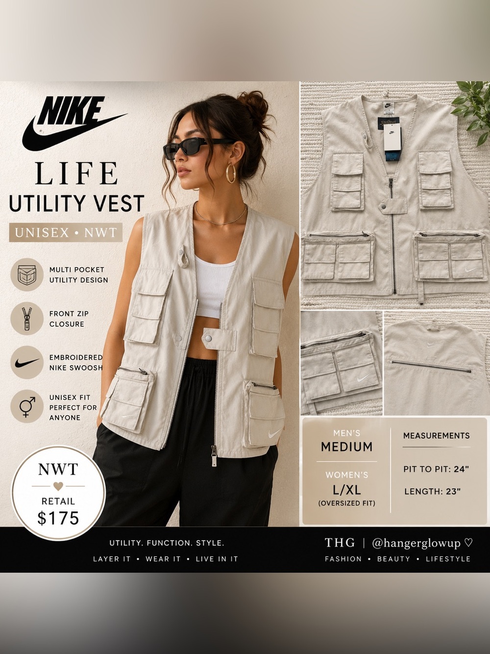 Nike Life Utility Cargo Vest NWT Unisex Stone Beige Multi Pocket L/XL